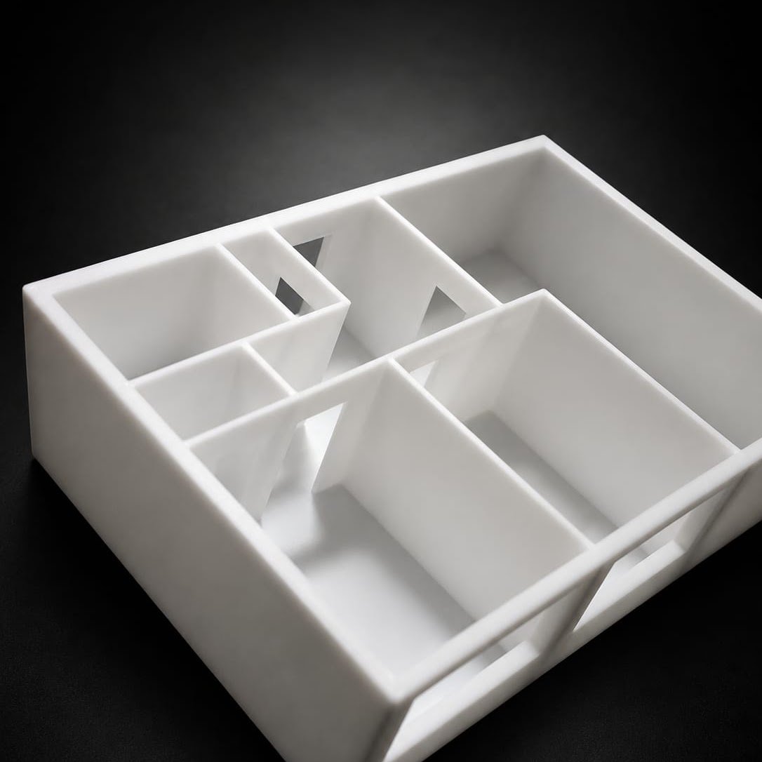 White 3D-printed architectural floor-plan model